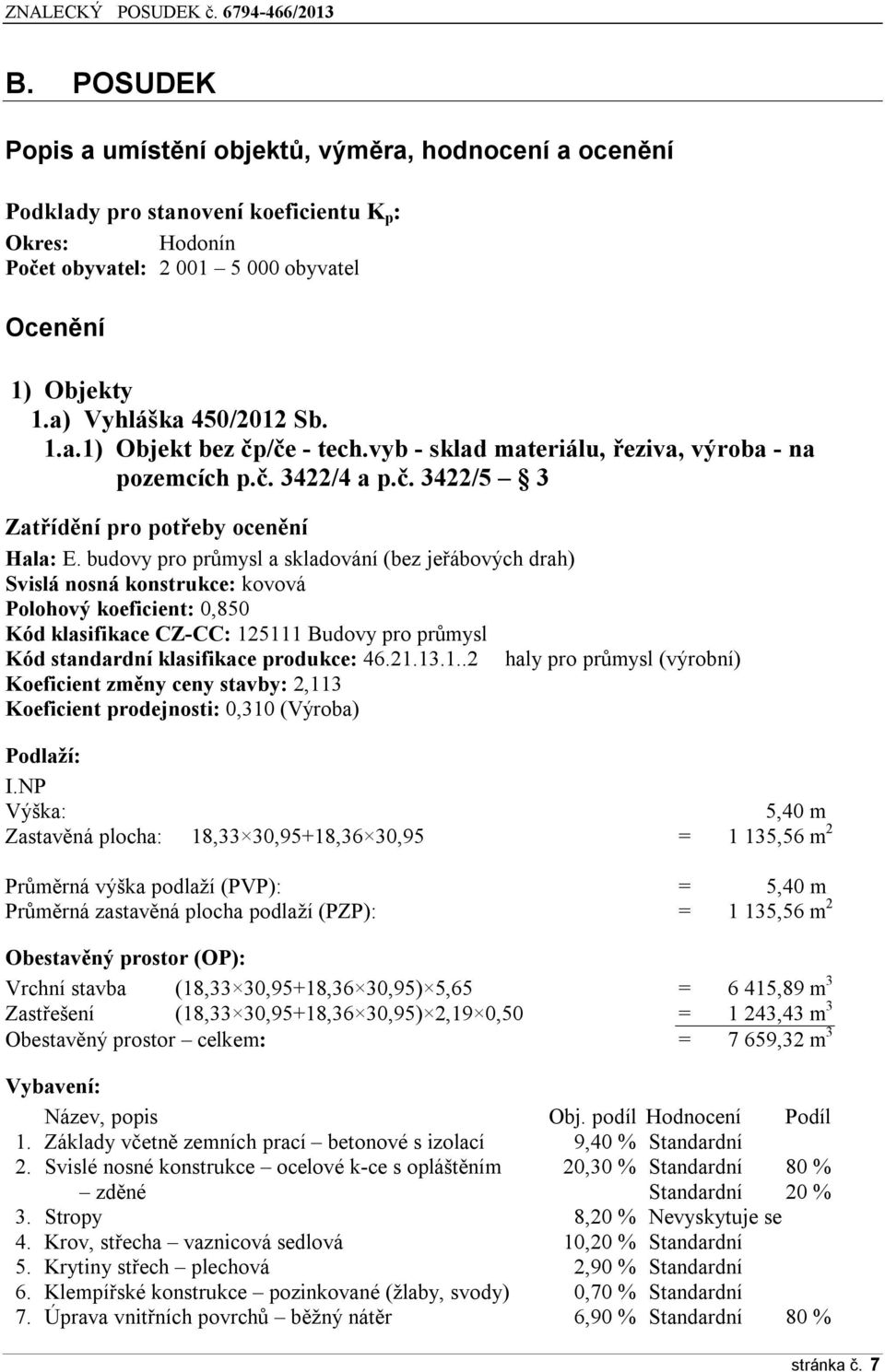 budovy pro průmysl a skladování (bez jeřábových drah) Svislá nosná konstrukce: kovová Polohový koeficient: 0,850 Kód klasifikace CZ-CC: 125111 Budovy pro průmysl Kód standardní klasifikace produkce: