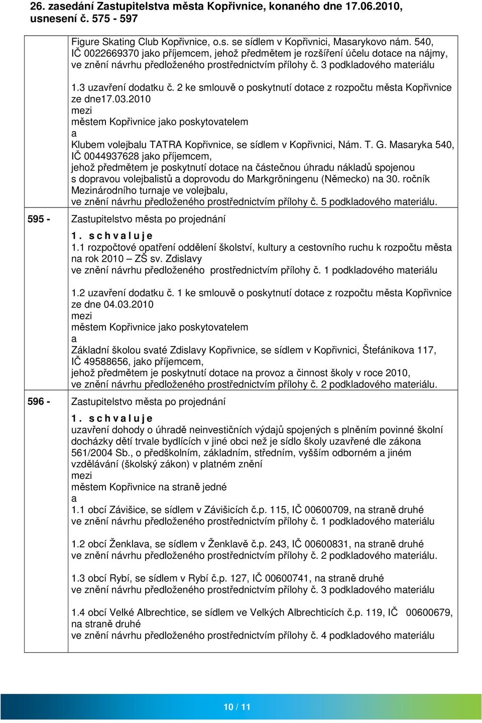 2 ke smlouvě o poskytnutí dotce z rozpočtu měst Kopřivnice ze dne17.03.2010 městem Kopřivnice jko poskytovtelem Klubem volejblu TATRA Kopřivnice, se sídlem v Kopřivnici, Nám. T. G.