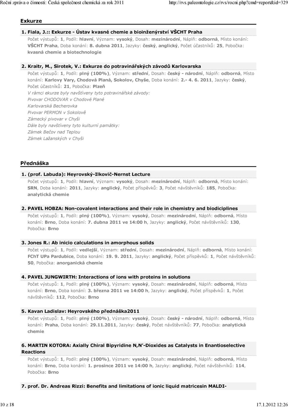 dubna 2011, Jazyky: český, anglický, Počet účastníků: 25, Pobočka: kvasná chemie a biotechnologie 2. Kraitr, M., Sirotek, V.