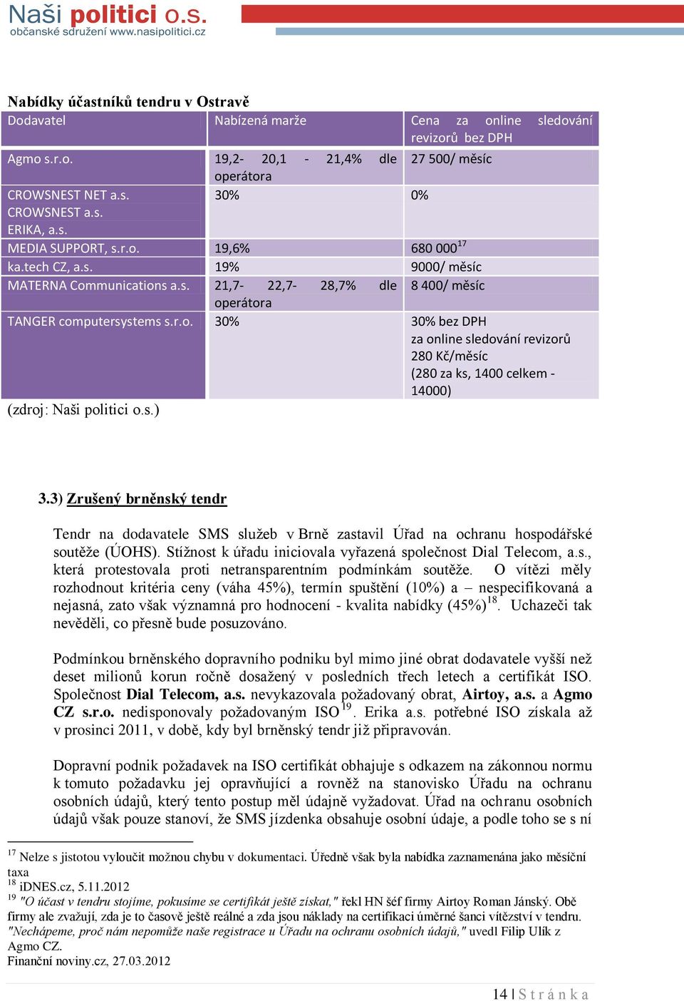 s.) 3.3) Zrušený brněnský tendr Tendr na dodavatele SMS služeb v Brně zastavil Úřad na ochranu hospodářské soutěže (ÚOHS). Stížnost k úřadu iniciovala vyřazená společnost Dial Telecom, a.s., která protestovala proti netransparentním podmínkám soutěže.