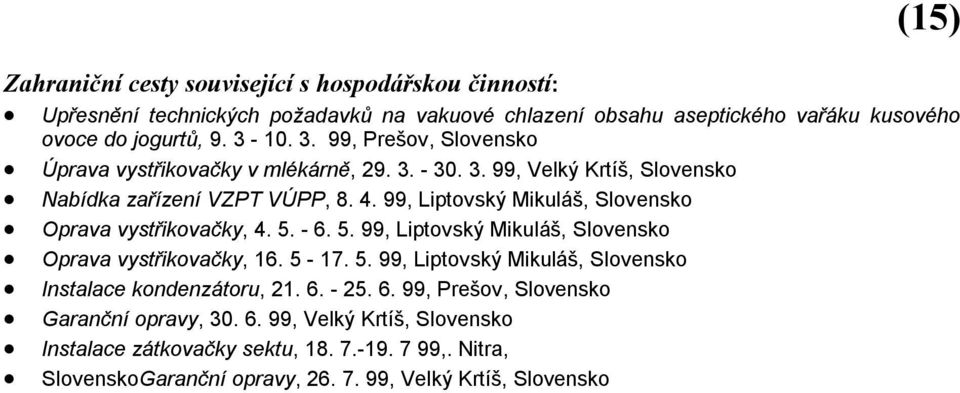 99, Liptovský Mikuláš, Slovensko Oprava vystřikovačky, 4. 5. - 6. 5. 99, Liptovský Mikuláš, Slovensko Oprava vystřikovačky, 16. 5-17. 5. 99, Liptovský Mikuláš, Slovensko Instalace kondenzátoru, 21.