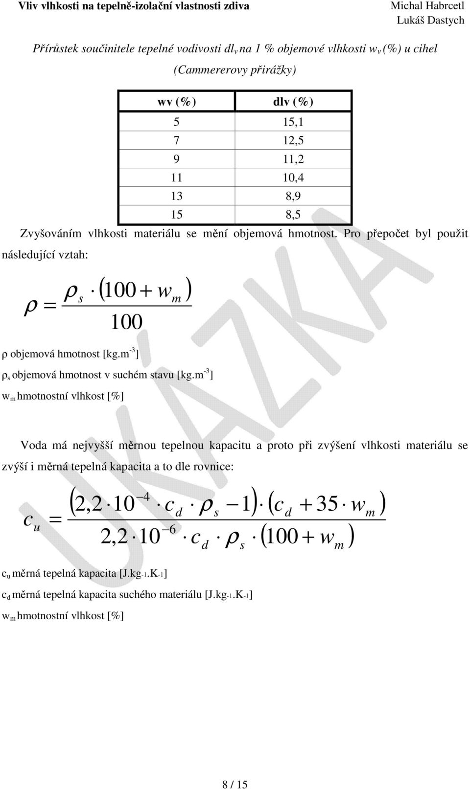 m -3 ] ρ s objemová hmotnost v suchém stavu [kg.