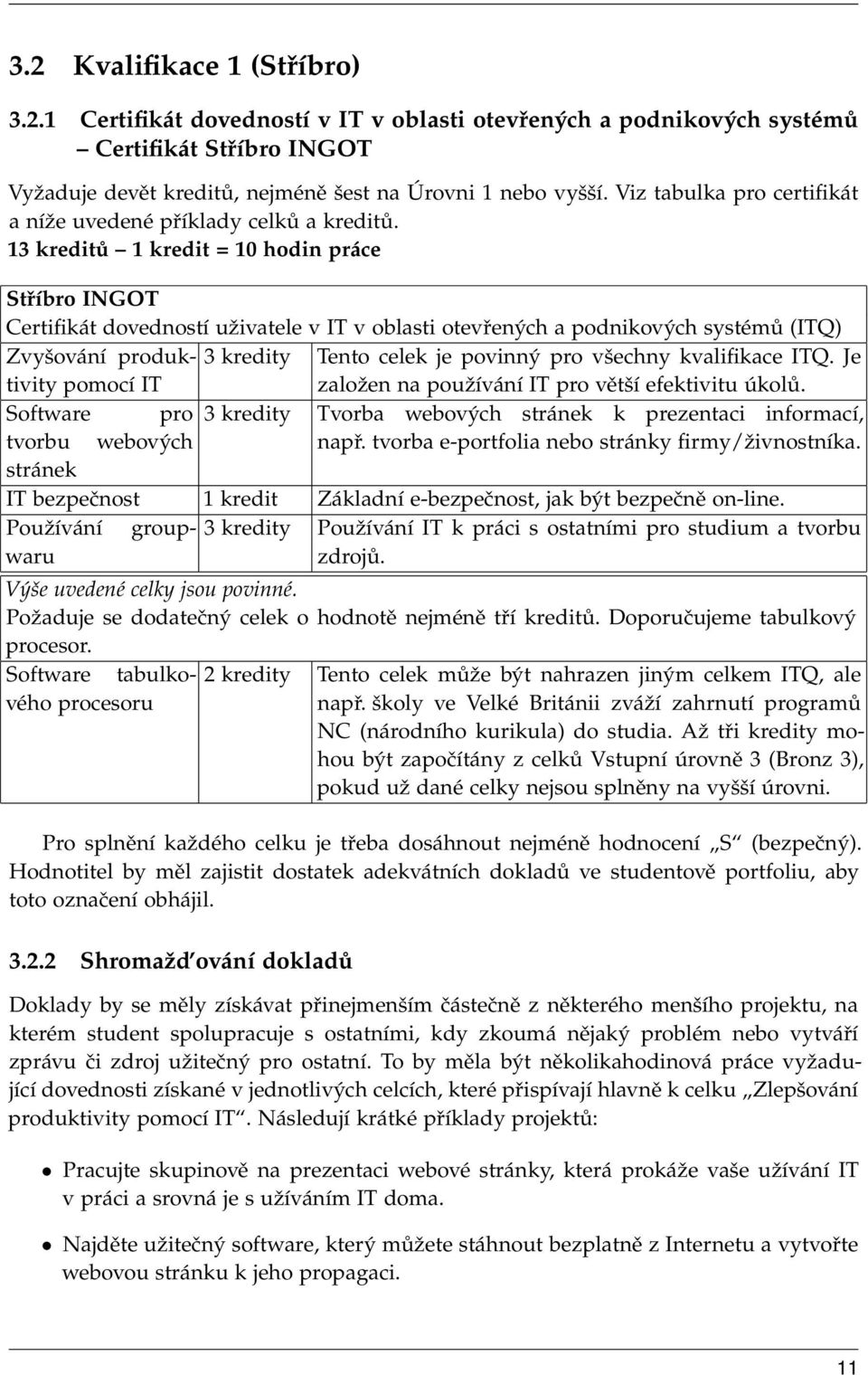 13 kreditů 1 kredit = 10 hodin práce Stříbro INGOT Certifikát dovedností uživatele v IT v oblasti otevřených a podnikových systémů (ITQ) Zvyšování produktivity 3 kredity Tento celek je povinný pro