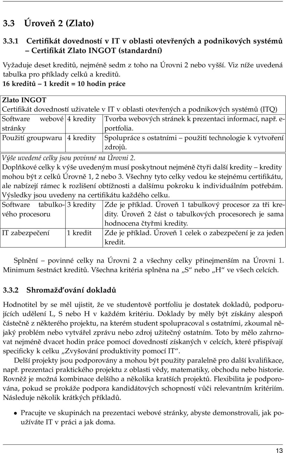 16 kreditů 1 kredit = 10 hodin práce Zlato INGOT Certifikát dovedností uživatele v IT v oblasti otevřených a podnikových systémů (ITQ) Software webové 4 kredity Tvorba webových stránek k prezentaci