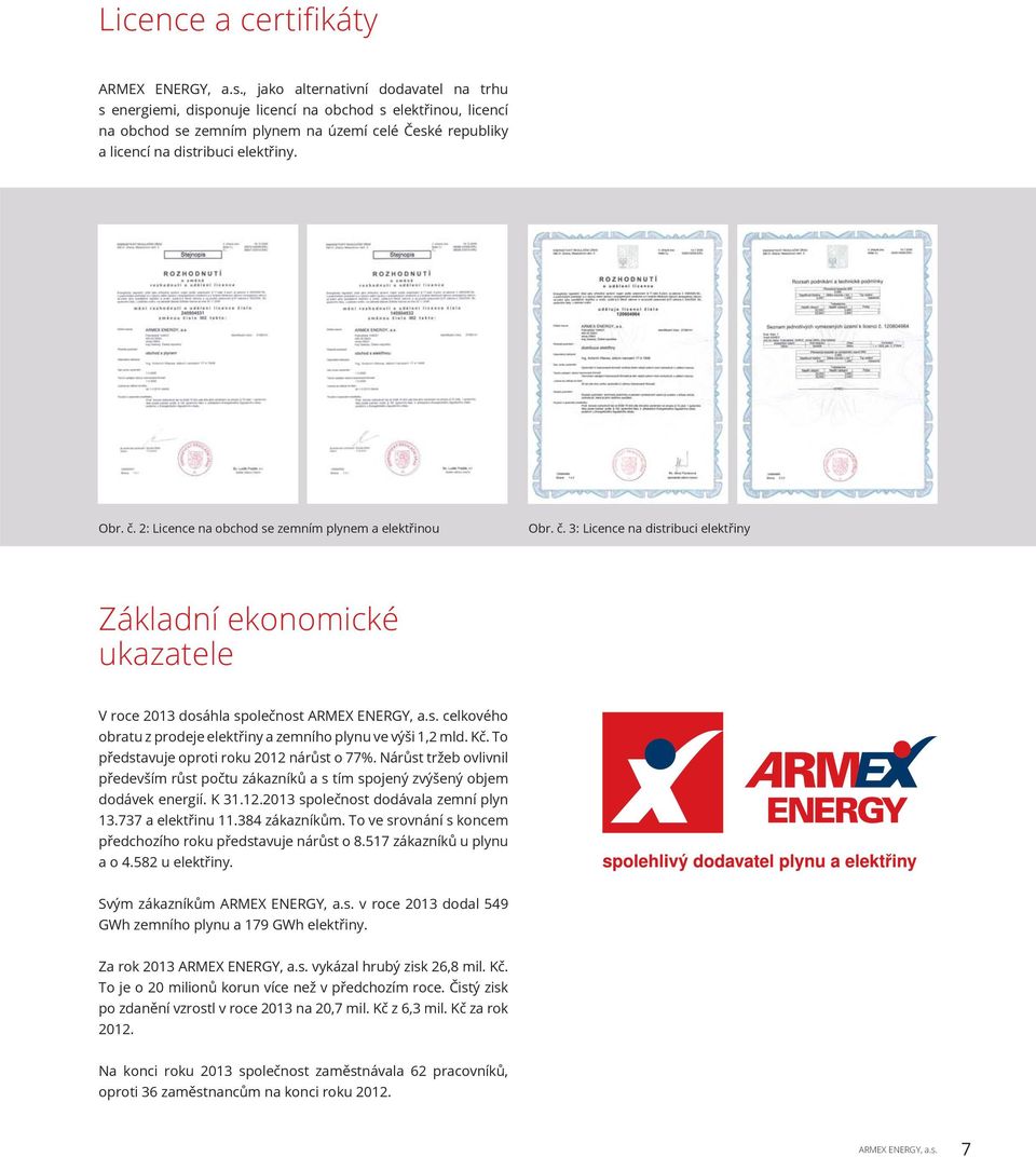 2: Licence na obchod se zemním plynem a elektřinou Obr. č. 3: Licence na distribuci elektřiny Základní ekonomické ukazatele V roce 2013 dosáhla společnost ARMEX ENERGY, a.s. celkového obratu z prodeje elektřiny a zemního plynu ve výši 1,2 mld.