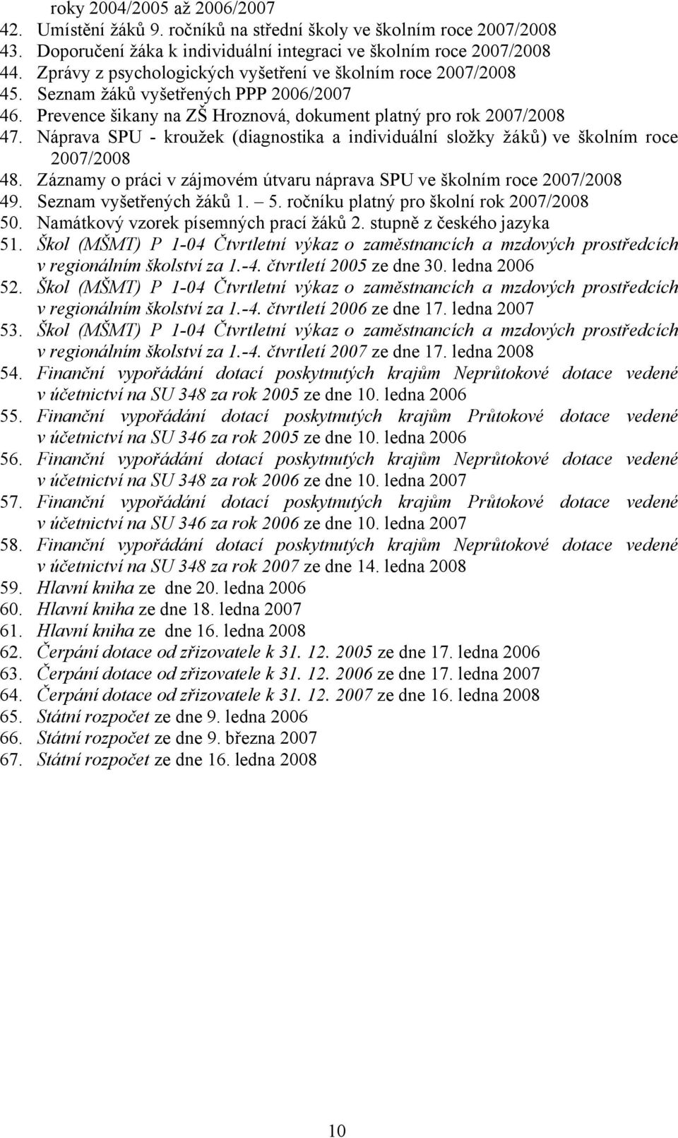 Náprava SPU - kroužek (diagnostika a individuální složky žáků) ve školním roce 2007/2008 48. Záznamy o práci v zájmovém útvaru náprava SPU ve školním roce 2007/2008 49. Seznam vyšetřených žáků 1. 5.