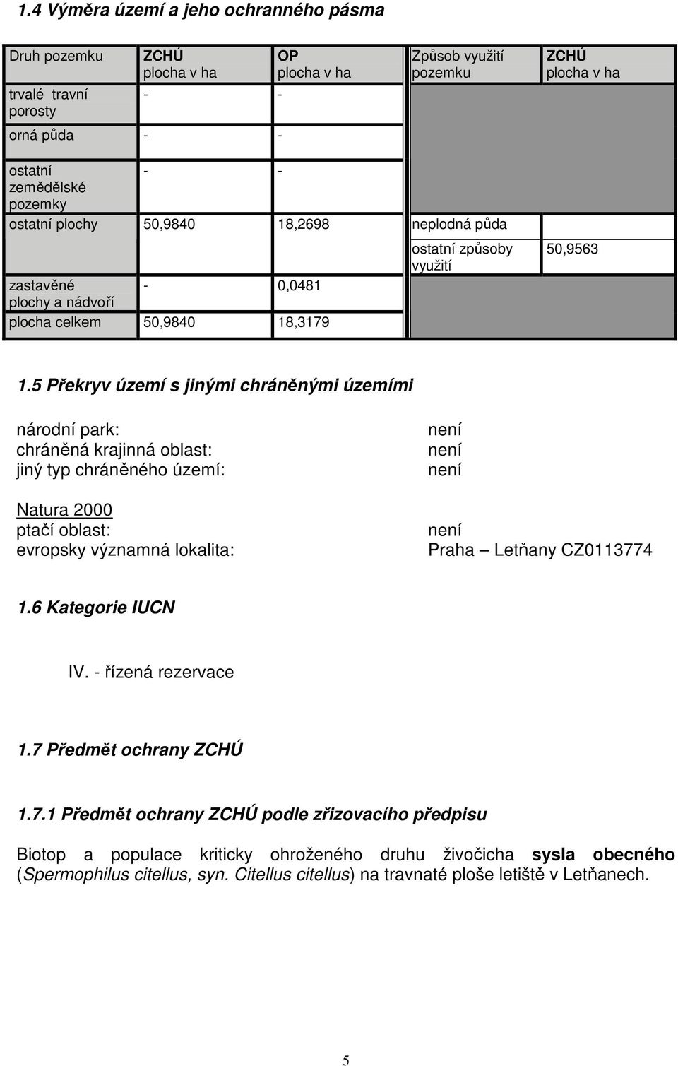 5 Překryv území s jinými chráněnými územími národní park: chráněná krajinná oblast: jiný typ chráněného území: Natura 2000 ptačí oblast: evropsky významná lokalita: není není není není Praha Letňany