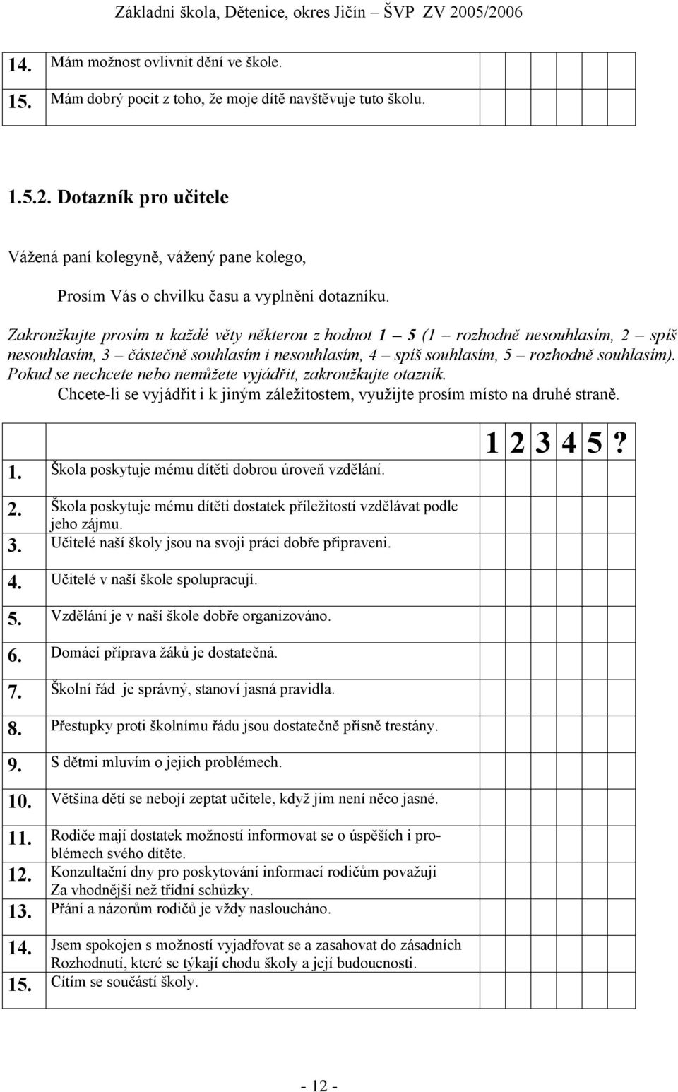 Zakroužkujte prosím u každé věty některou z hodnot 1 5 (1 rozhodně nesouhlasím, 2 spíš nesouhlasím, 3 částečně souhlasím i nesouhlasím, 4 spíš souhlasím, 5 rozhodně souhlasím).