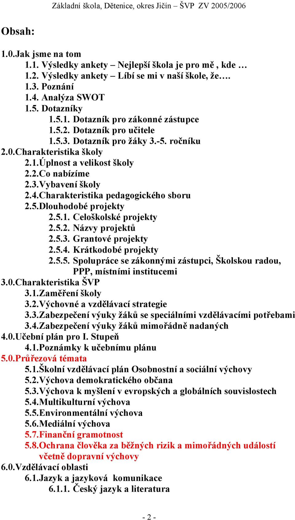 5.1. Celoškolské projekty 2.5.2. Názvy projektů 2.5.3. Grantové projekty 2.5.4. Krátkodobé projekty 2.5.5. Spolupráce se zákonnými zástupci, Školskou radou, PPP, místními institucemi 3.0.