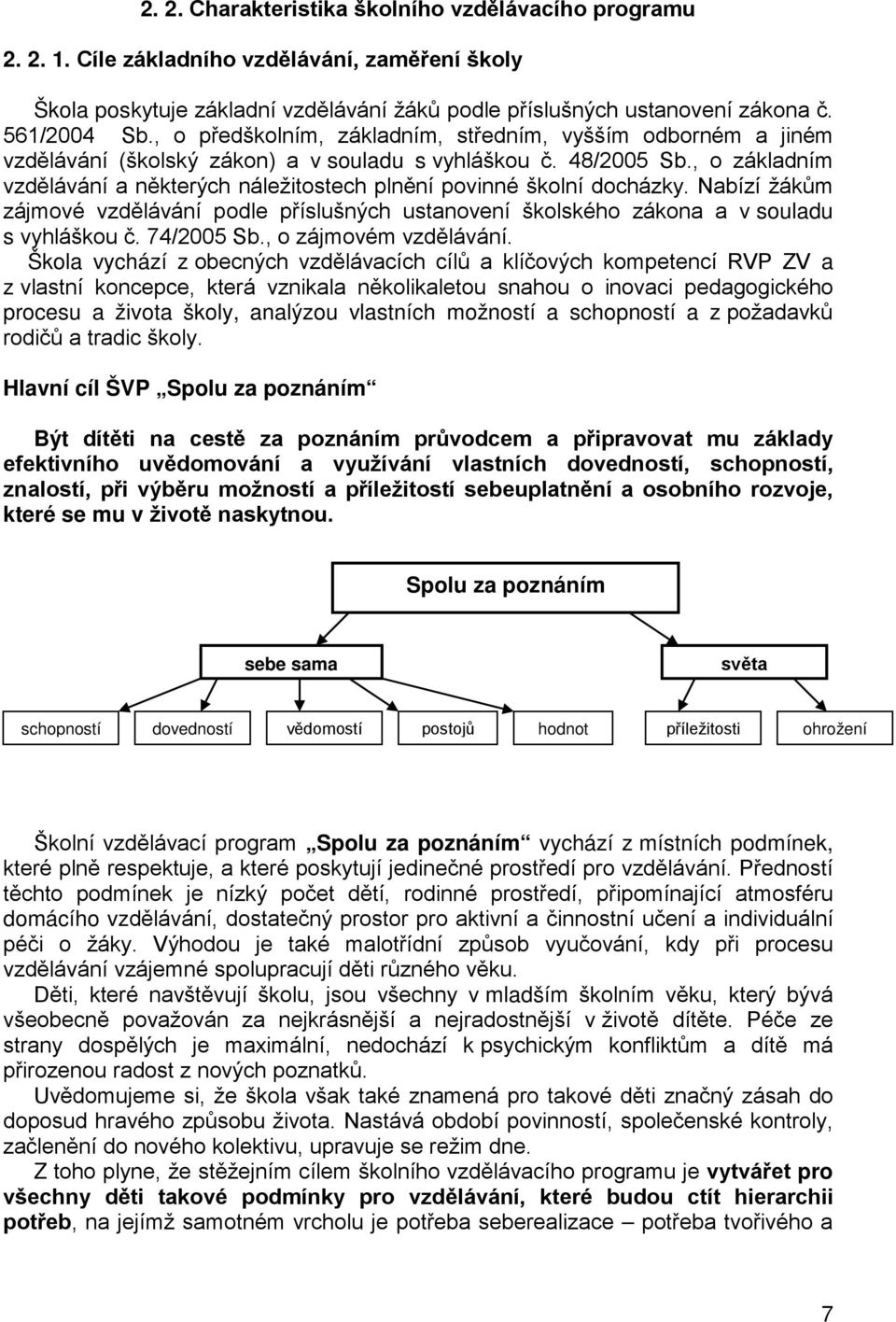 , o základním vzdělávání a některých náležitostech plnění povinné školní docházky. Nabízí žákům zájmové vzdělávání podle příslušných ustanovení školského zákona a v souladu s vyhláškou č. 74/2005 Sb.