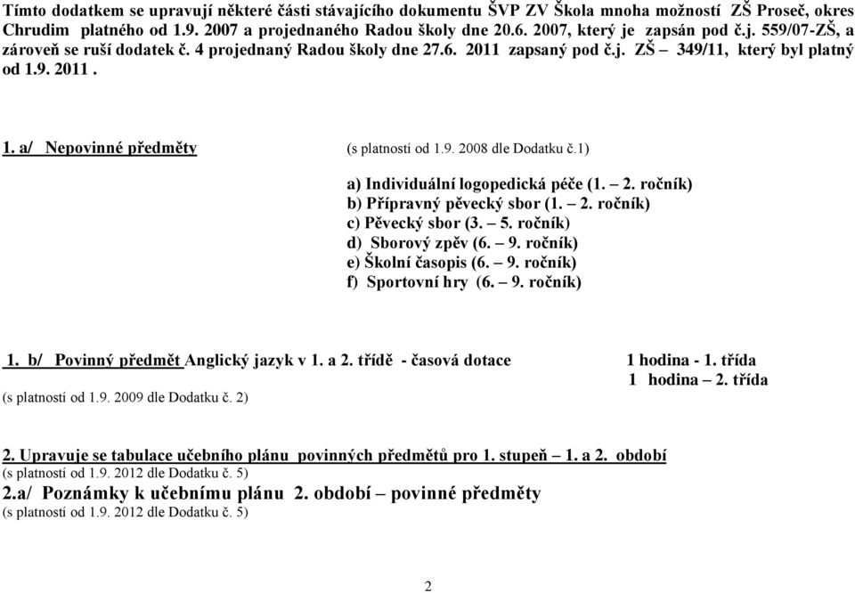 9. 2011. 1. a/ Nepovinné předměty (s platností od 1.9. 2008 dle Dodatku č.1) a) Individuální logopedická péče (1. 2. ročník) b) Přípravný pěvecký sbor (1. 2. ročník) c) Pěvecký sbor (3. 5.