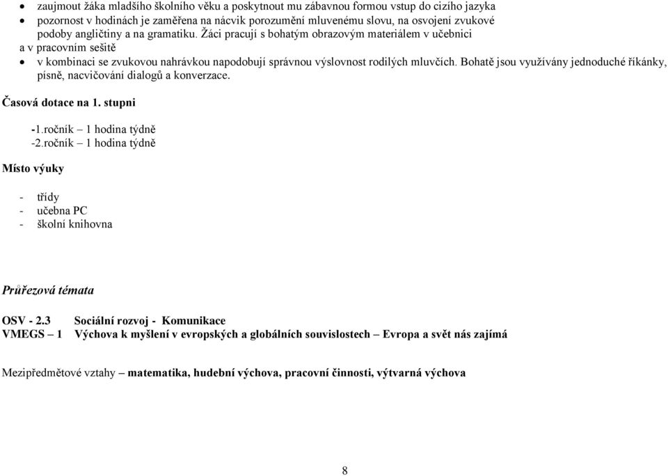 Bohatě jsou využívány jednoduché říkánky, písně, nacvičování dialogů a konverzace. Časová dotace na 1. stupni -1.ročník 1 hodina týdně -2.