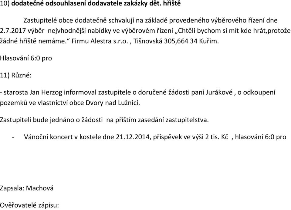 11) Různé: - starosta Jan Herzog informoval zastupitele o doručené žádosti paní Jurákové, o odkoupení pozemků ve vlastnictví obce Dvory nad Lužnicí.