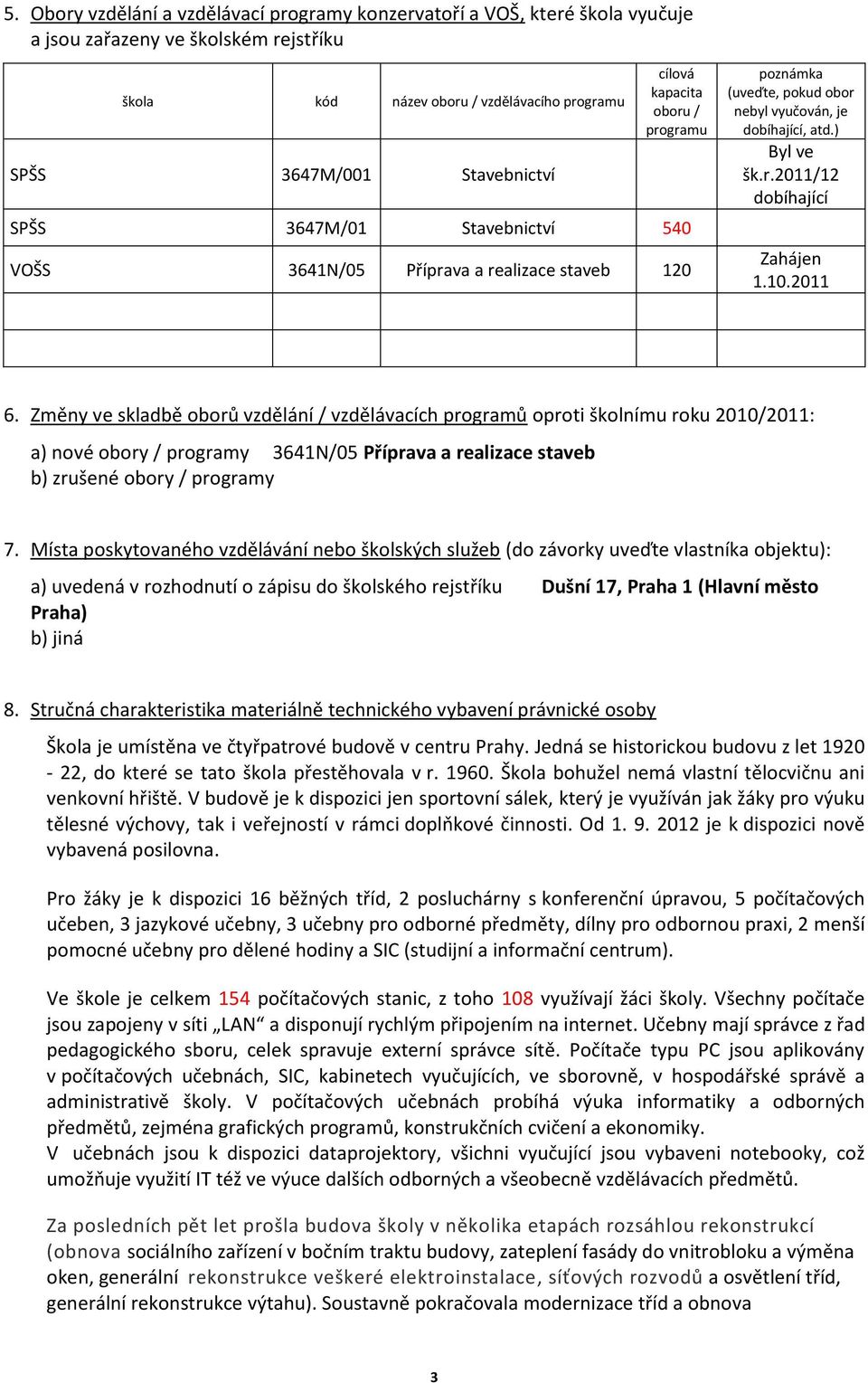 10.2011 6. Změny ve skladbě oborů vzdělání / vzdělávacích programů oproti školnímu roku 2010/2011: a) nové obory / programy 3641N/05 Příprava a realizace staveb b) zrušené obory / programy 7.