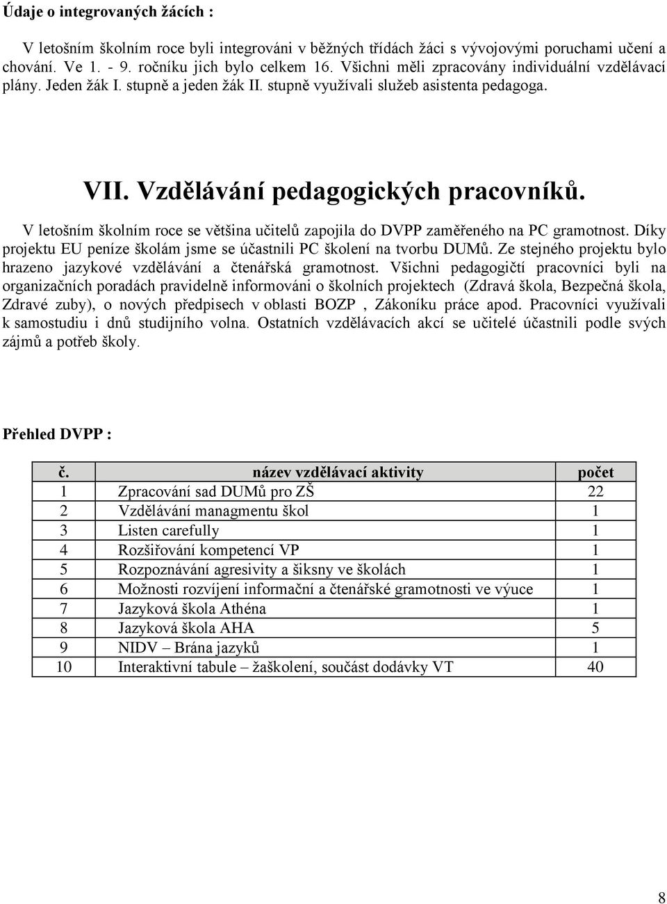 V letošním školním roce se většina učitelů zapojila do DVPP zaměřeného na PC gramotnost. Díky projektu EU peníze školám jsme se účastnili PC školení na tvorbu DUMů.