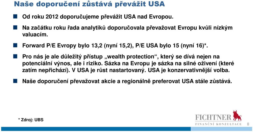 Forward P/E Evropy bylo 13,2 (nyní 15,2), P/E USA bylo 15 (nyní 16)*.