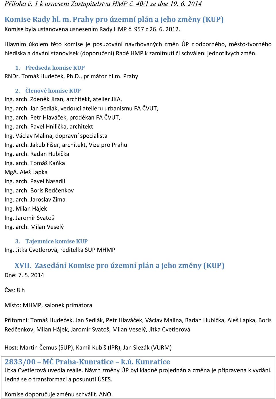 Předseda komise KUP RNDr. Tomáš Hudeček, Ph.D., primátor hl.m. Prahy 2. Členové komise KUP Ing. arch. Zdeněk Jiran, architekt, atelier JKA, Ing. arch. Jan Sedlák, vedoucí atelieru urbanismu FA ČVUT, Ing.