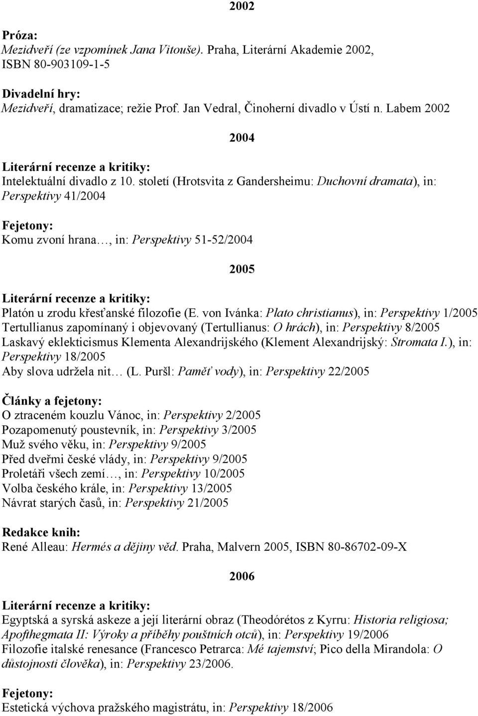 století (Hrotsvita z Gandersheimu: Duchovní dramata), in: Perspektivy 41/2004 Fejetony: Komu zvoní hrana, in: Perspektivy 51-52/2004 2005 Platón u zrodu křesťanské filozofie (E.