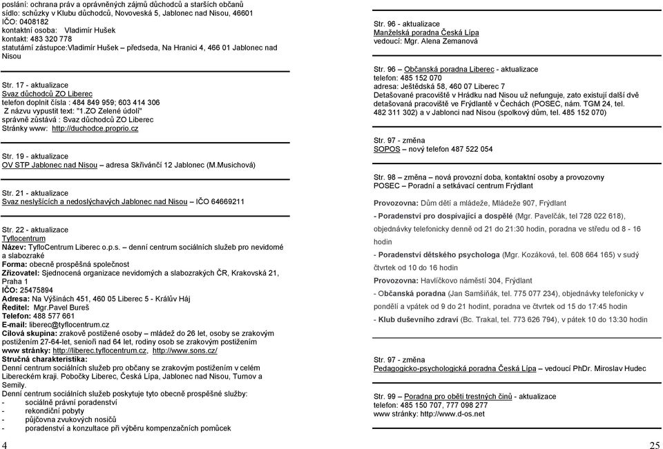 17 - aktualizace Svaz důchodců ZO Liberec telefon doplnit čísla : 484 849 959; 603 414 306 Z názvu vypustit text: "1.