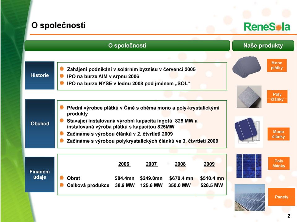 a instalovaná výroba plátků s kapacitou 825MW Začínáme s výrobou článků v 2. čtvrtletí 2009 Začínáme s výrobou polykrystalických článků ve 3.