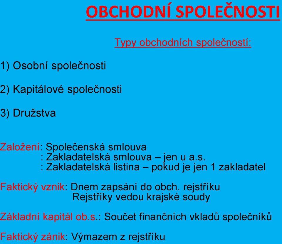 rejstříku Rejstříky vedou krajské soudy Základní kapitál ob.s.: Součet finančních vkladů společníků Faktický zánik: Výmazem z rejstříku