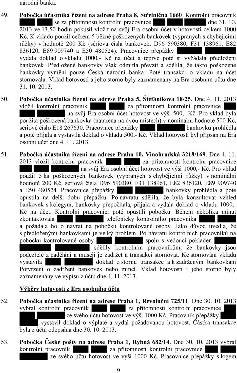 K vkladu použil celkem 5 běžně poškozených bankovek (vypraných s chybějícími růžky) v hodnotě 200 Kč (sériová čísla bankovek: D96 590380, F31 138961, E82 836120, E89 909740 a E50 480524).