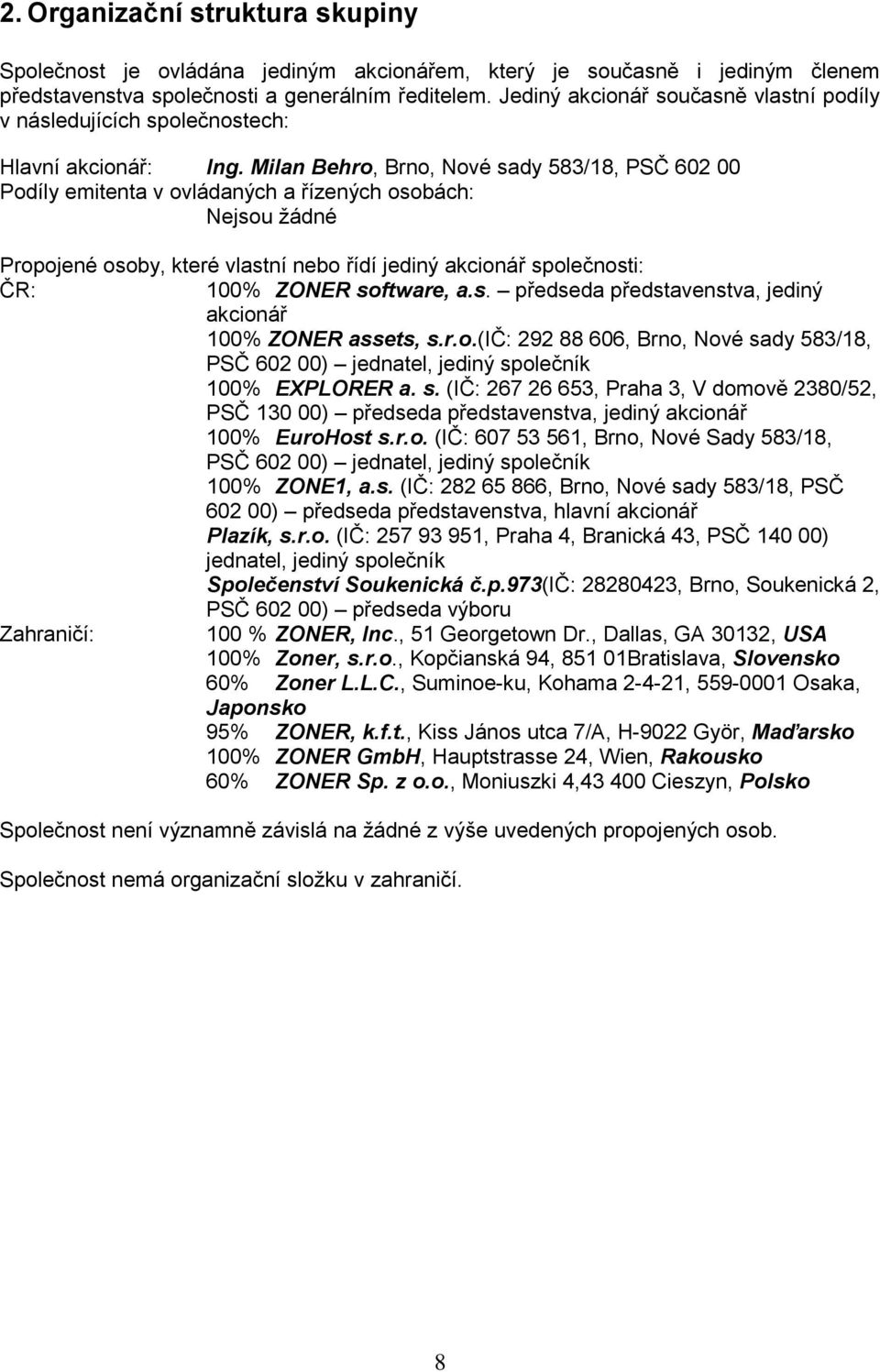 Milan Behro, Brno, Nové sady 583/18, PSČ 602 00 Podíly emitenta v ovládaných a řízených osobách: Nejsou žádné Propojené osoby, které vlastní nebo řídí jediný akcionář společnosti: ČR: 100% ZONER