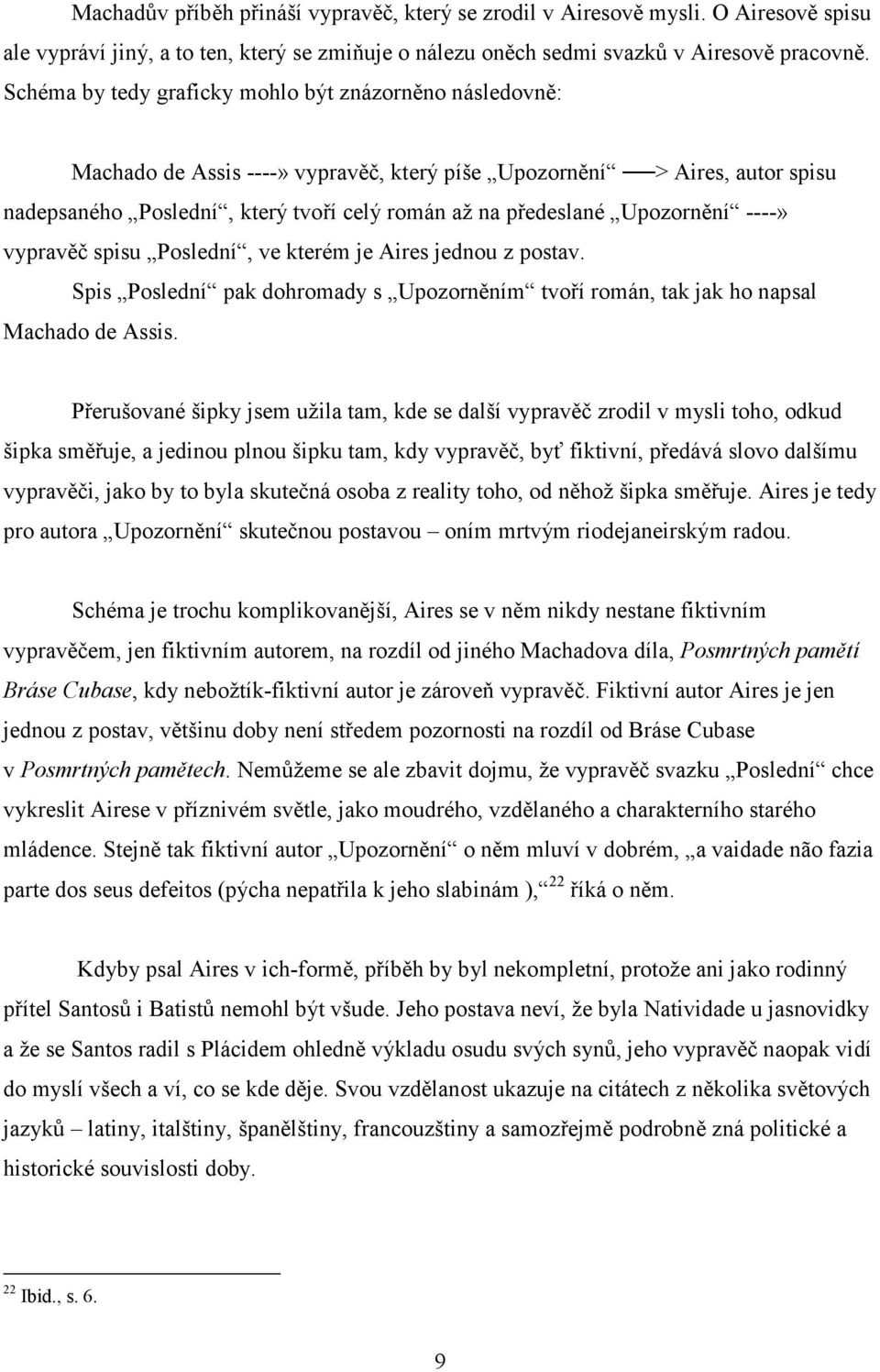 Upozornění ----» vypravěč spisu Poslední, ve kterém je Aires jednou z postav. Spis Poslední pak dohromady s Upozorněním tvoří román, tak jak ho napsal Machado de Assis.