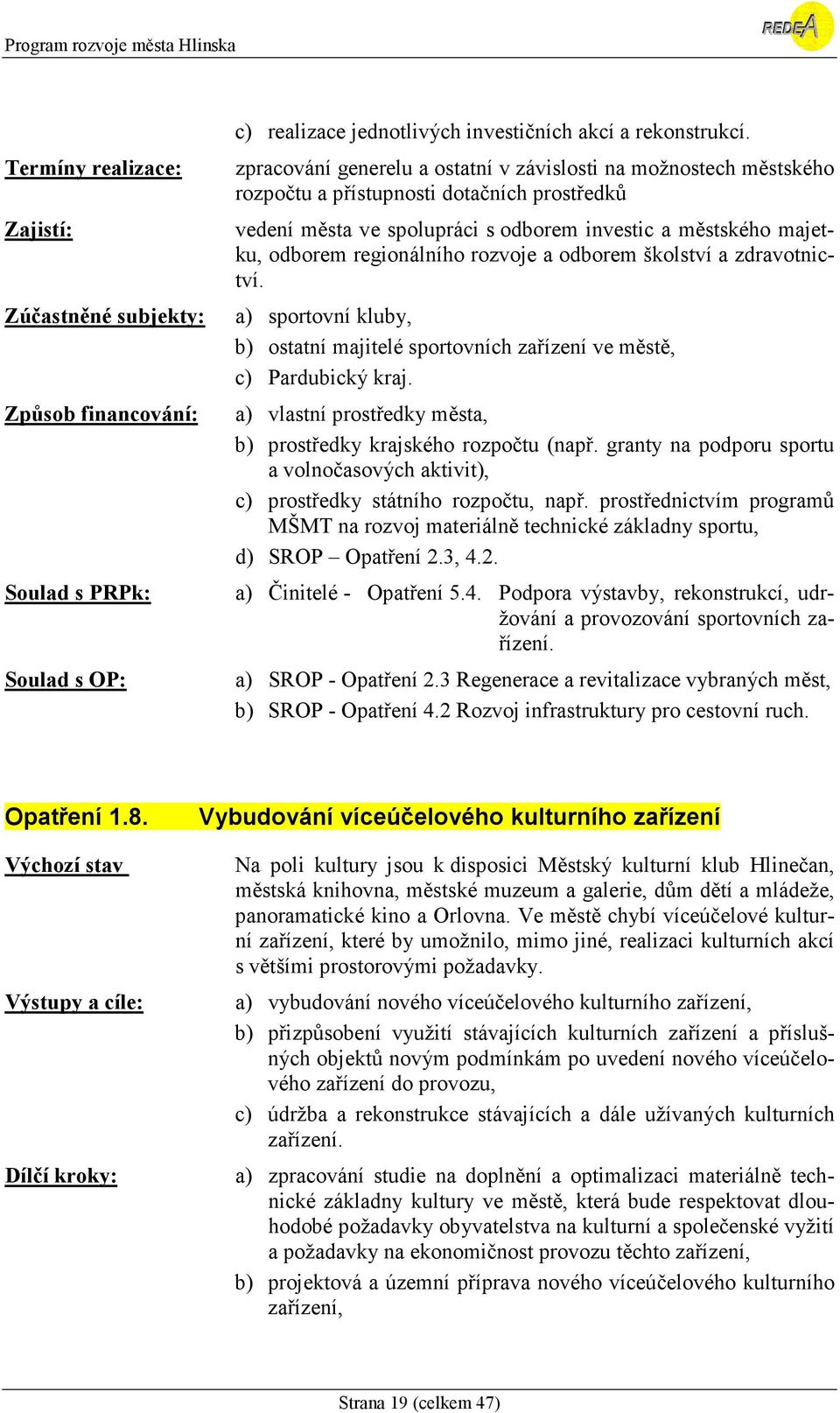 rozvoje a odborem školství a zdravotnictví. a) sportovní kluby, b) ostatní majitelé sportovních zařízení ve městě, c) Pardubický kraj.