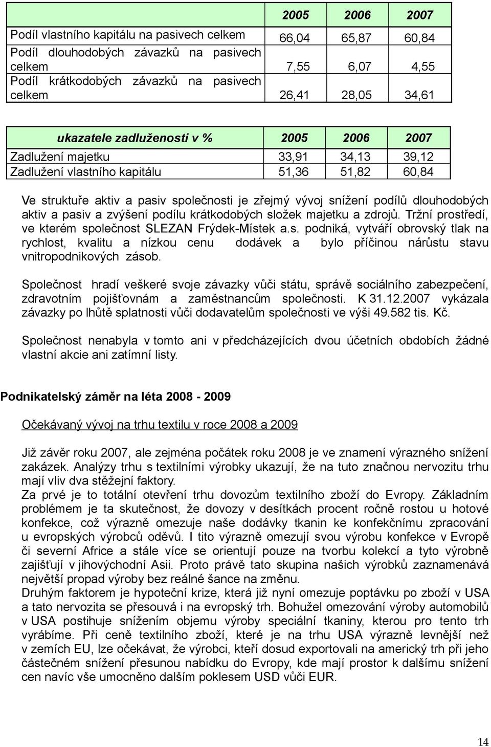 podílů dlouhodobých aktiv a pasiv a zvýšení podílu krátkodobých složek majetku a zdrojů. Tržní prostředí, ve kterém společnost SLEZAN Frýdek-Místek a.s. podniká, vytváří obrovský tlak na rychlost, kvalitu a nízkou cenu dodávek a bylo příčinou nárůstu stavu vnitropodnikových zásob.