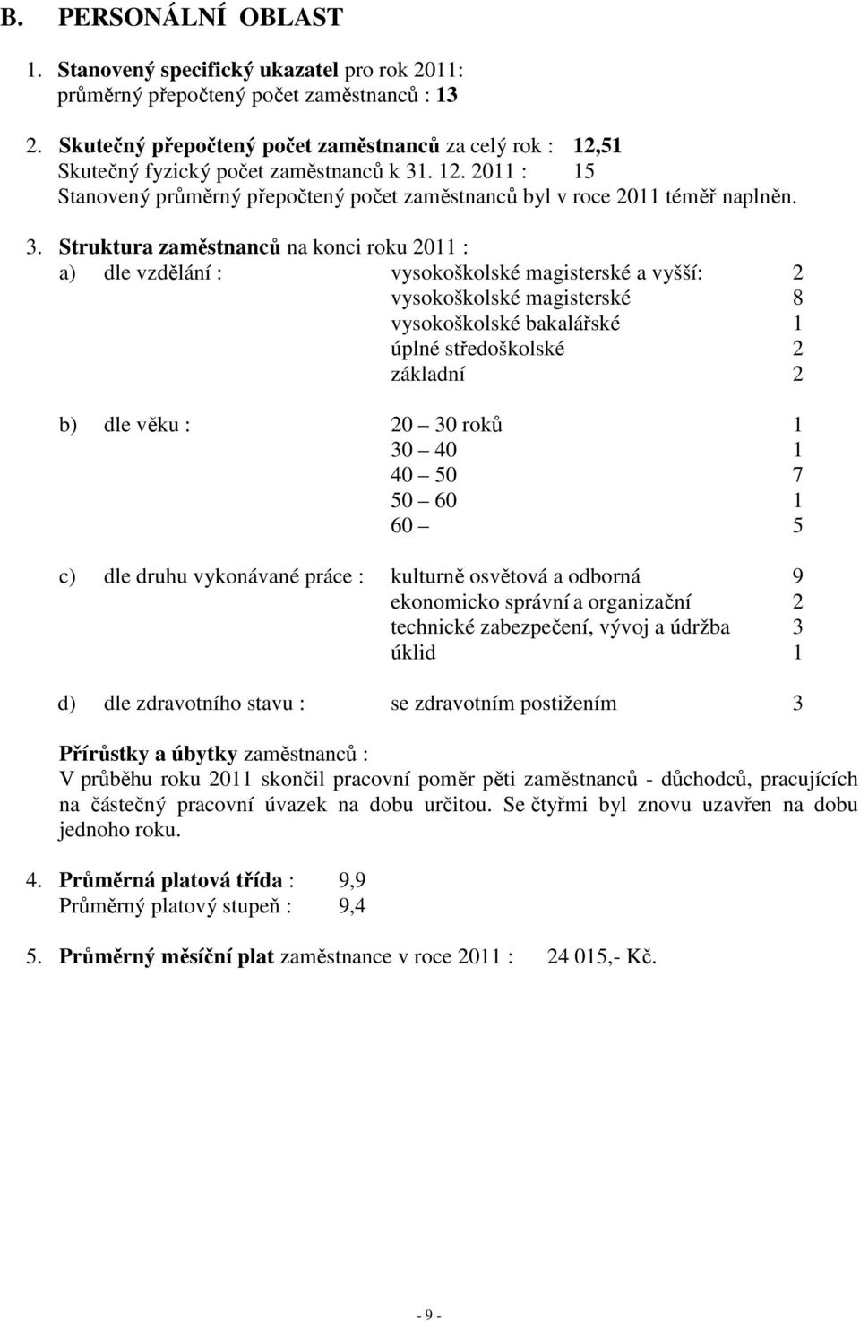 . 12. 2011 : 15 Stanovený průměrný přepočtený počet zaměstnanců byl v roce 2011 téměř naplněn. 3.