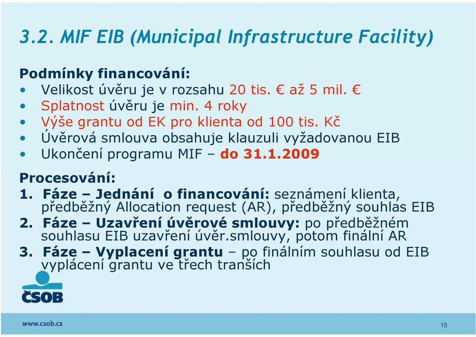 Fáze Jednání o financování: seznámení klienta, předběžný Allocation request (AR), předběžný souhlas EIB 2.