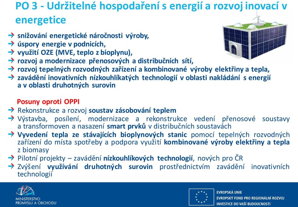 oblasti druhotných surovin Posuny oproti OPPI Rekonstrukce a rozvoj soustav zásobování teplem Výstavba, posílení, modernizace a rekonstrukce vedení přenosové soustavy a transformoven a nasazení smart