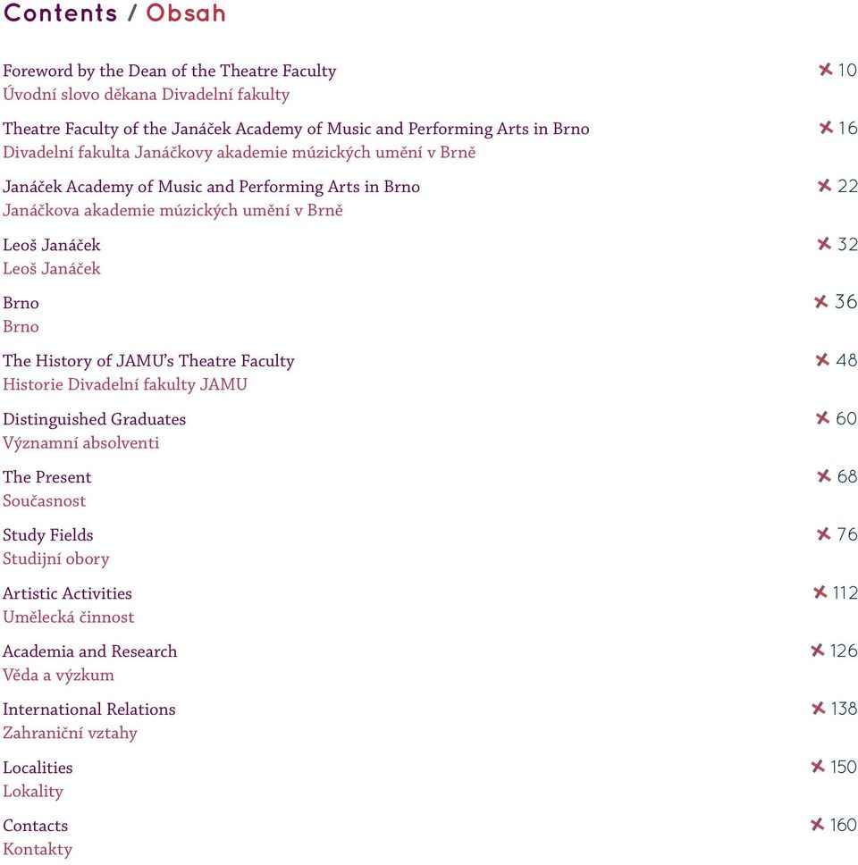 Janáček Brno 36 Brno The History of JAMU s Theatre Faculty 48 Historie Divadelní fakulty JAMU Distinguished Graduates 60 Významní absolventi The Present 68 Současnost Study Fields 76