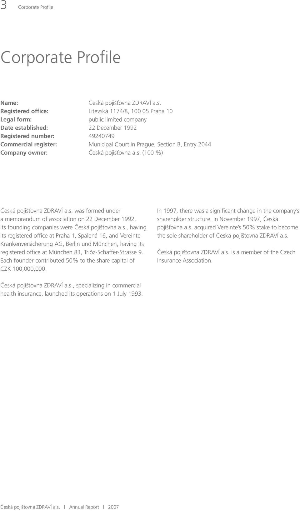 Registered office: Litevská 1174/8, 100 05 Praha 10 Legal form: public limited company Date established: 22 December 1992 Registered number: 49240749 Commercial register: Municipal Court in Prague,