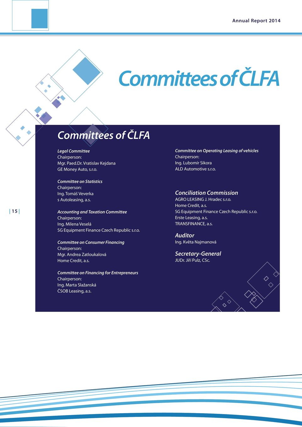 Milena Veselá SG Equipment Finance Czech Republic s.r.o. Committee on Consumer Financing Chairperson: Mgr. Andrea Zatloukalová Home Credit, a.s. Committee on Financing for Entrepreneurs Chairperson: Ing.