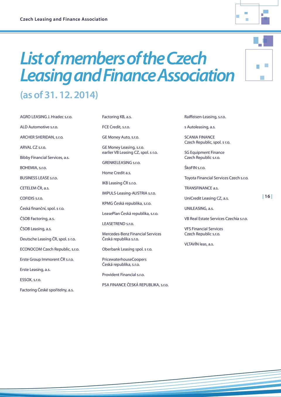 s r.o. ČSOB Factoring, a.s. ČSOB Leasing, a.s. Deutsche Leasing ČR, spol. s r.o. ECONOCOM Czech Republic, s.r.o. GE Money Auto, s.r.o. GE Money Leasing, s.r.o. earlier VB Leasing CZ, spol. s r.o. GRENKELEASING s.