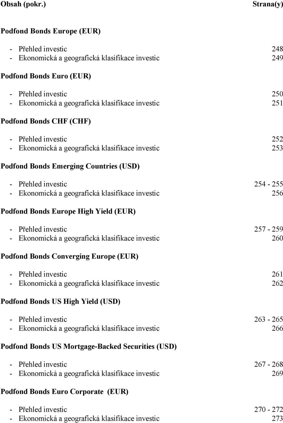 investic 251 Podfond Bonds CHF (CHF) - Přehled investic 252 - Ekonomická a geografická klasifikace investic 253 Podfond Bonds Emerging Countries () - Přehled investic 254-255 - Ekonomická a