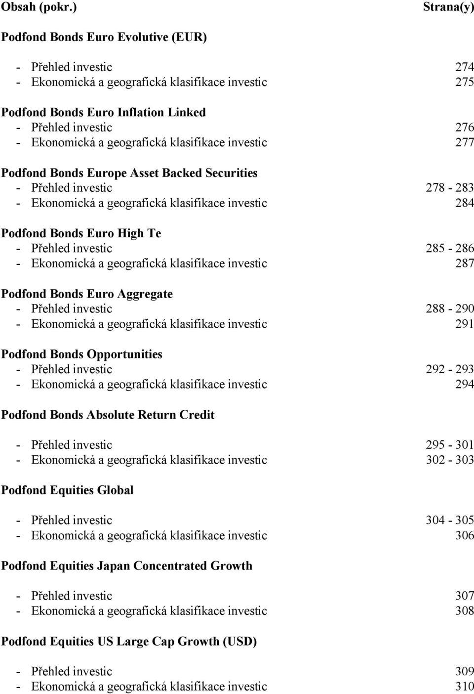 geografická klasifikace investic 277 Podfond Bonds Europe Asset Backed Securities - Přehled investic 278-283 - Ekonomická a geografická klasifikace investic 284 Podfond Bonds Euro High Te - Přehled