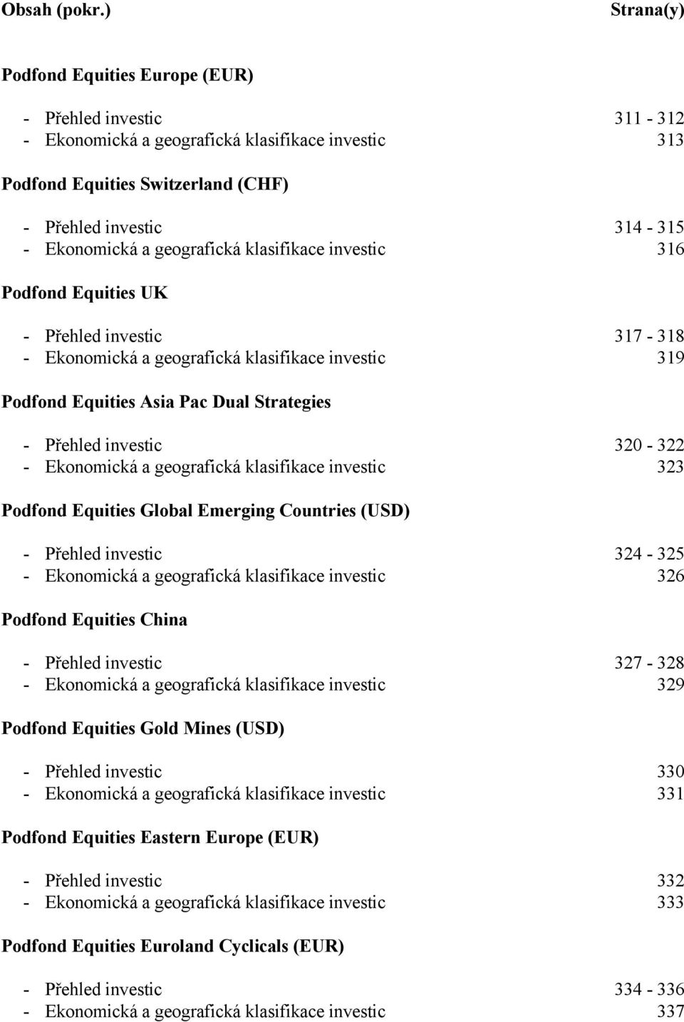 geografická klasifikace investic 316 Podfond Equities UK - Přehled investic 317-318 - Ekonomická a geografická klasifikace investic 319 Podfond Equities Asia Pac Dual Strategies - Přehled investic