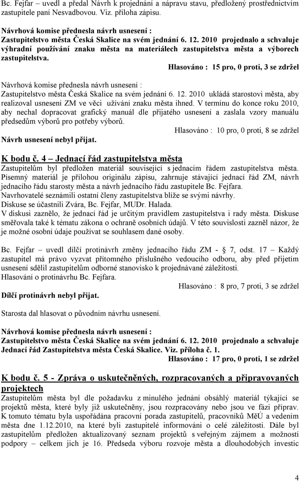 Hlasováno : 15 pro, 0 proti, 3 se zdržel Zastupitelstvo města Česká Skalice na svém jednání 6. 12. 2010 ukládá starostovi města, aby realizoval usnesení ZM ve věci užívání znaku města ihned.