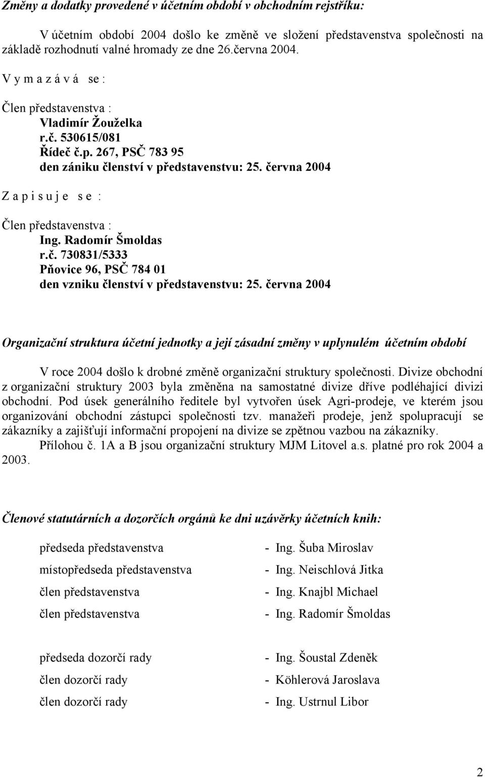 června 2004 Z a p i s u j e s e : Člen představenstva : Ing. Radomír Šmoldas r.č. 730831/5333 Pňovice 96, PSČ 784 01 den vzniku členství v představenstvu: 25.