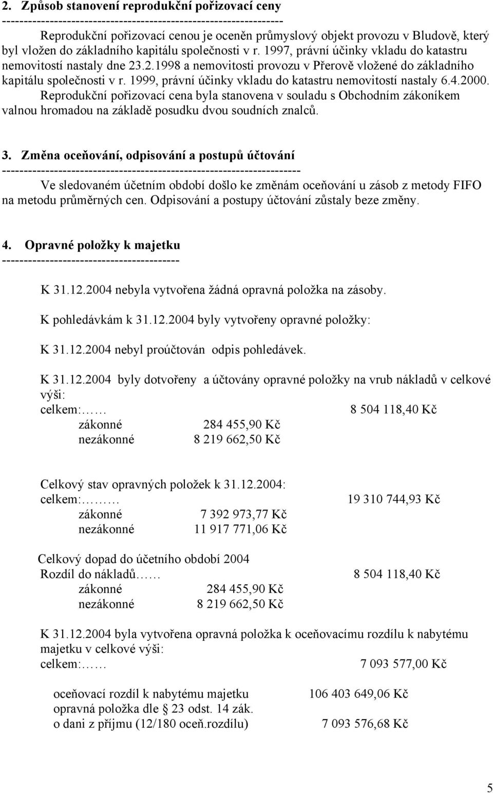 1999, právní účinky vkladu do katastru nemovitostí nastaly 6.4.2000. Reprodukční pořizovací cena byla stanovena v souladu s Obchodním zákoníkem valnou hromadou na základě posudku dvou soudních znalců.