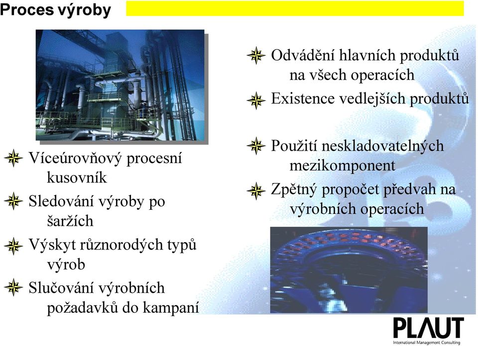 šaržích Výskyt různorodých typů výrob Slučování výrobních požadavků do