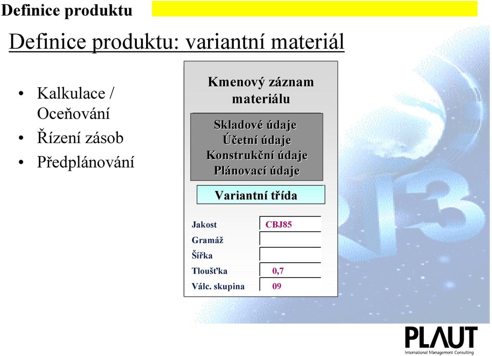 materiálu Skladové údaje Účetní údaje Konstrukční údaje