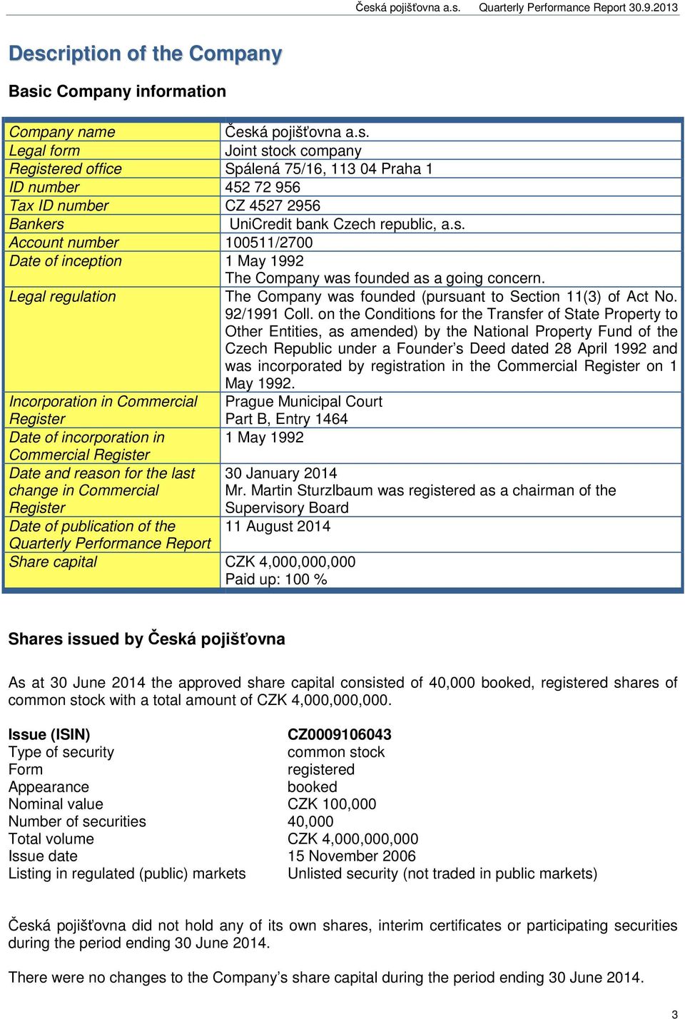 on the Conditions for the Transfer of State Property to Other Entities, as amended) by the National Property Fund of the Czech Republic under a Founder s Deed dated 28 April 1992 and was incorporated