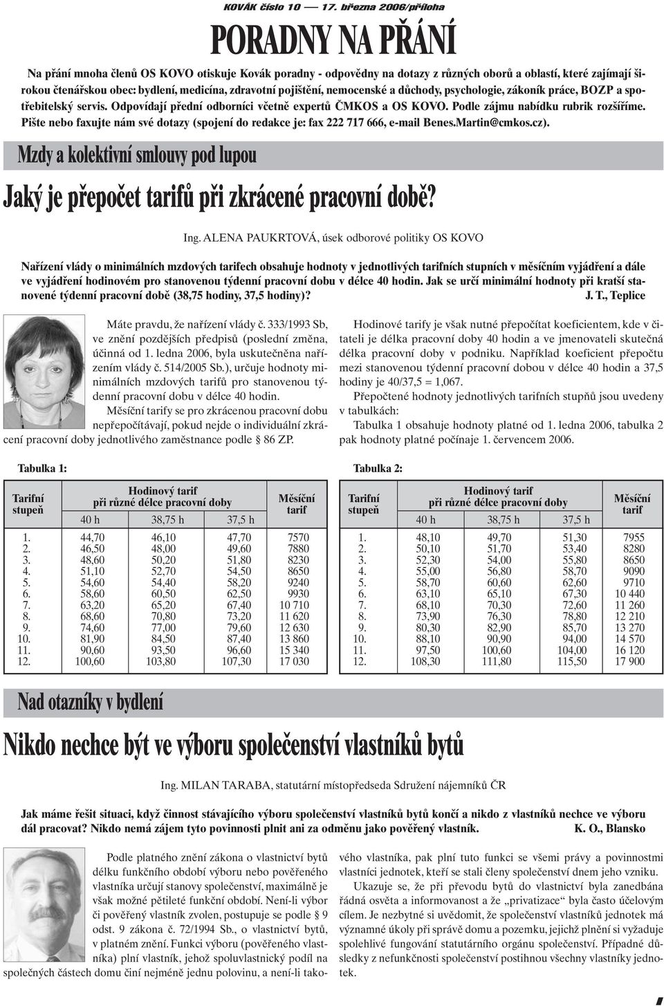 zdravotní pojištění, nemocenské a důchody, psychologie, zákoník práce, BOZP a spotřebitelský servis. Odpovídají přední odborníci včetně expertů ČMKOS a OS KOVO. Podle zájmu nabídku rubrik rozšíříme.