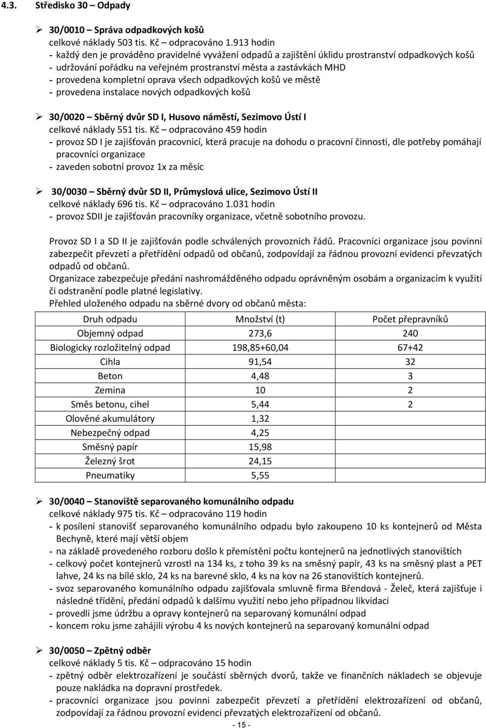 kompletní oprava všech odpadkových košů ve městě - provedena instalace nových odpadkových košů 3/2 Sběrný dvůr SD I, Husovo náměstí, Sezimovo Ústí I celkové náklady 551 tis.