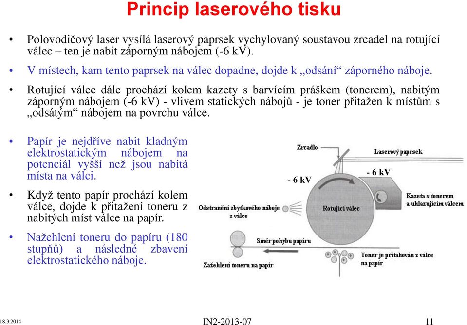 Rotující válec dále prochází kolem kazety s barvícím práškem (tonerem), nabitým záporným nábojem (-6 kv) - vlivem statických nábojů - je toner přitažen k místům s odsátým nábojem na povrchu