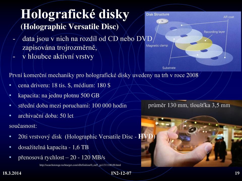 $, médium: 180 $ kapacita: na jednu plotnu 500 GB střední doba mezi poruchami: 100 000 hodin archivační doba: 50 let současnost: 20ti vrstvový disk